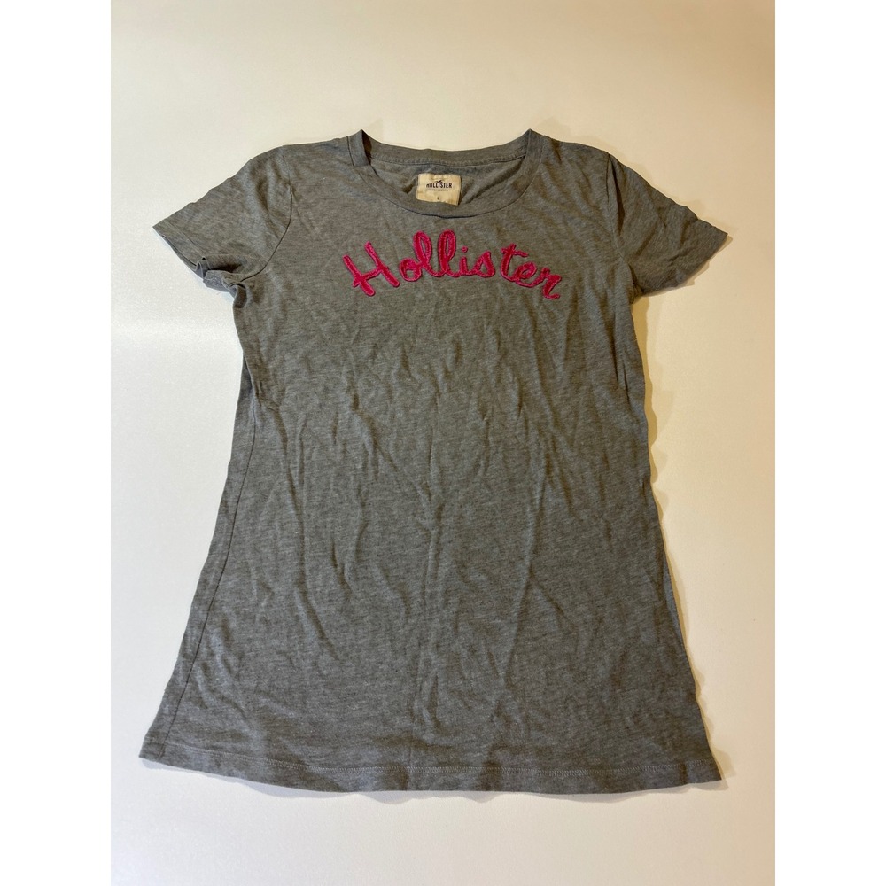 Hollister T-Shirt Women's Large Gray Pink Embroidered Logo Short Sleeve